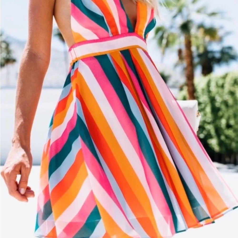 Vici Dolls Striped Backless Dress Multicolor Rainbow Mini Summer S